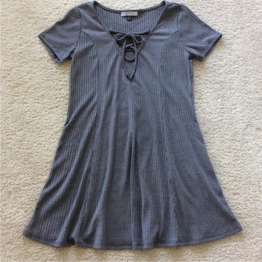 Charcoal Grey Ribbed, Lace Up Dress - Picture 3 of 5